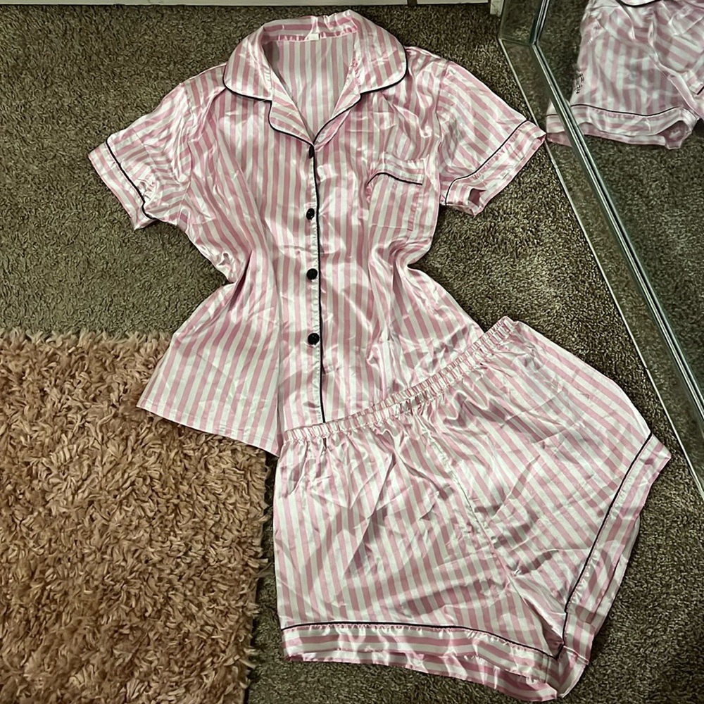 Satin Pj Set-Pink/White
